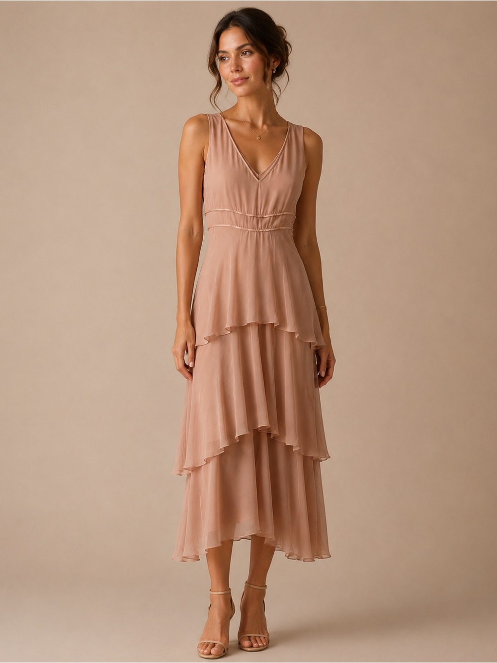 Max and Cleo 100% Silk Rosewood Blush Pink Tiered Ruffle Midi Dress Size 2 NWT
